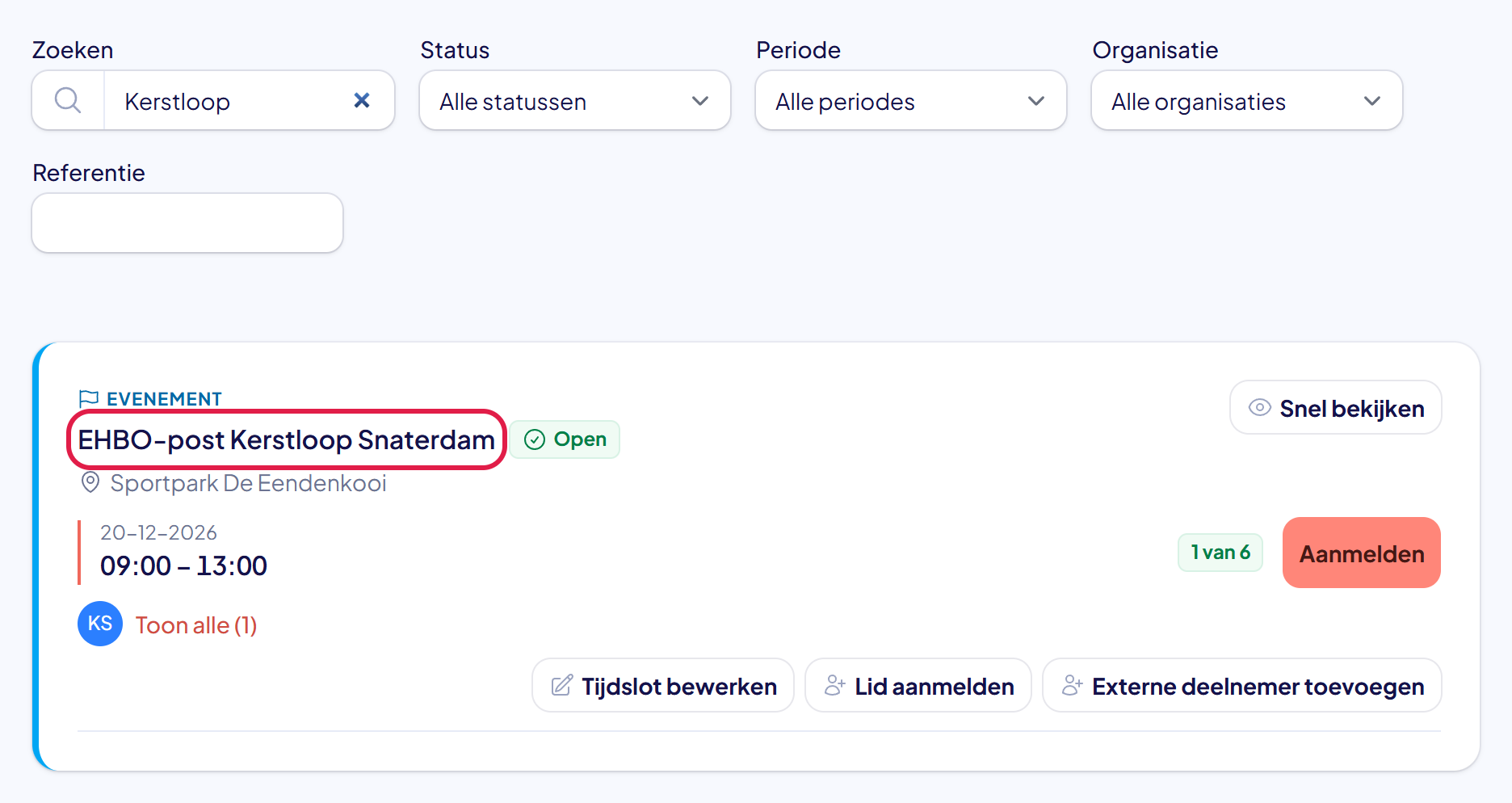 De pagina Activiteiten met een zoekwoord ingevuld en de naam van de gevonden activiteit gemarkeerd