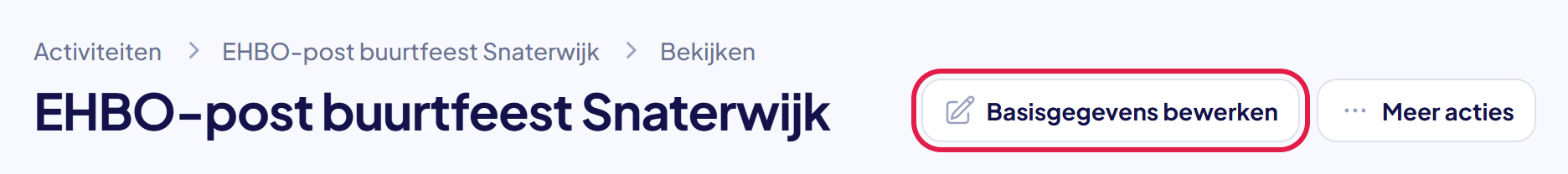 De kop van een activiteit met de knop Basisgegevens bewerken gemarkeerd