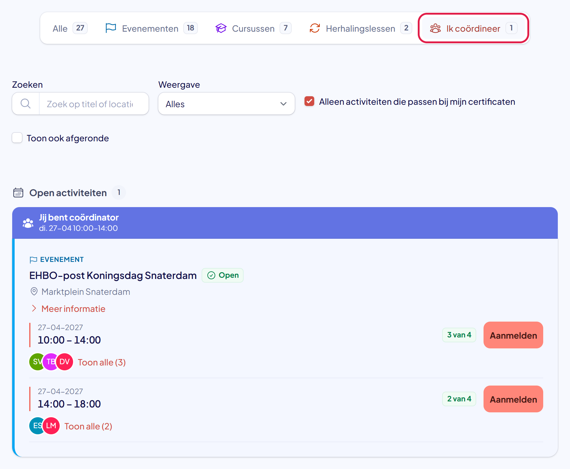 De pagina Activiteiten met het tabblad Ik coördineer gemarkeerd en daaronder een activiteit met de blauwe balk Jij bent coördinator