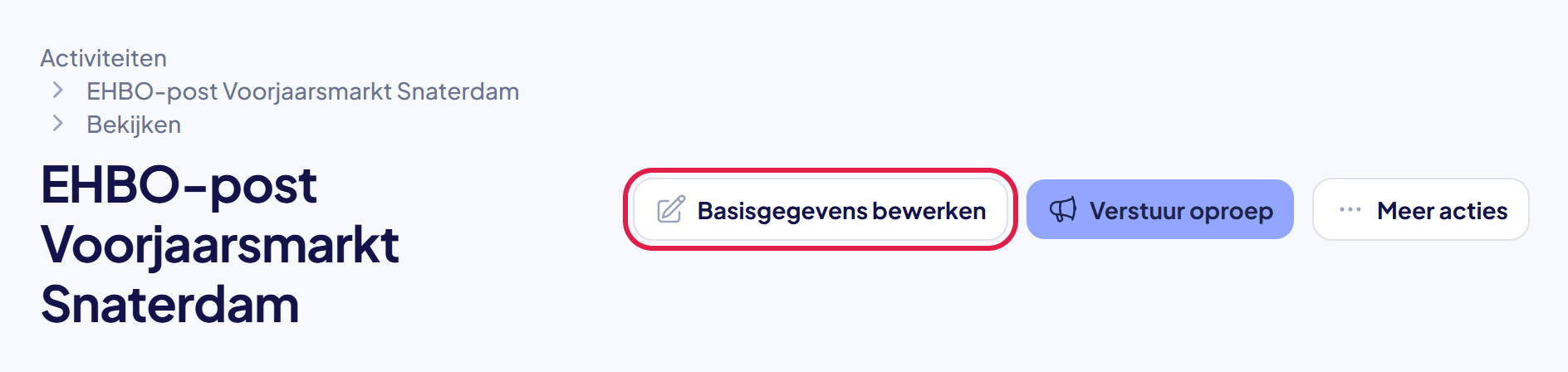 De kop van de activiteit met de knop Basisgegevens bewerken gemarkeerd