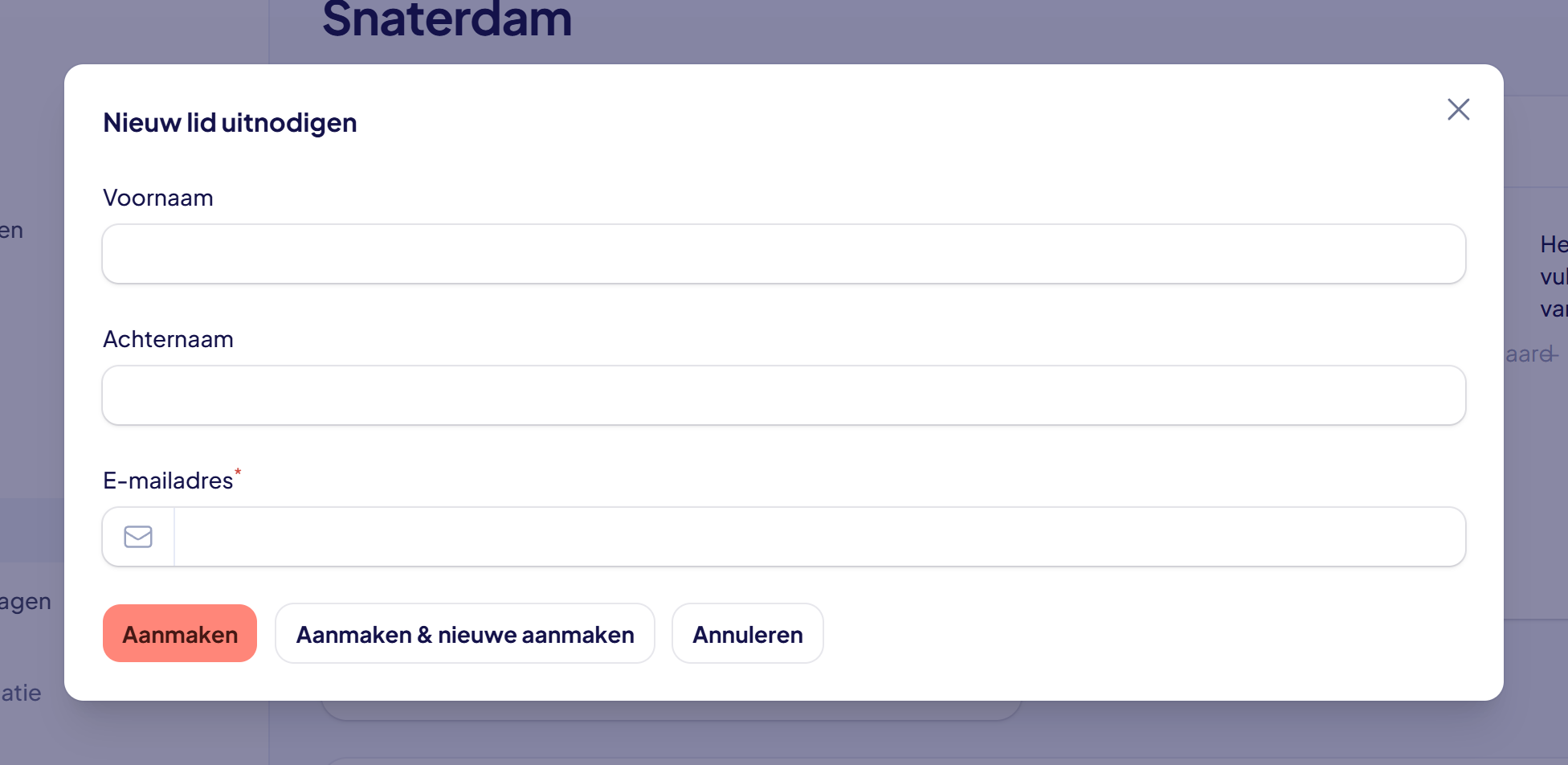 Het venster Nieuw lid uitnodigen met de velden Voornaam, Achternaam en E-mailadres en de knop Aanmaken