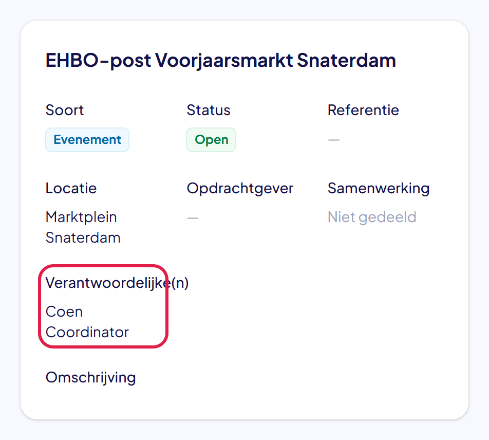 De gegevens van de activiteit met bij Verantwoordelijke(n) de naam Coen Coordinator gemarkeerd