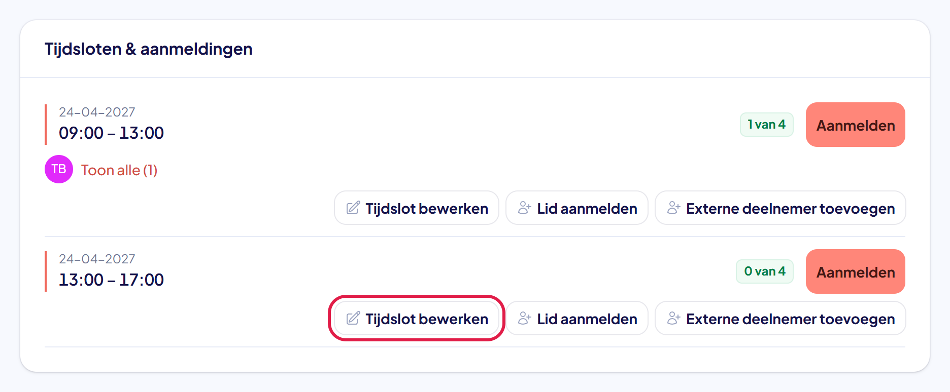 Het blok Tijdsloten en aanmeldingen met bij het tweede tijdslot de knop Tijdslot bewerken gemarkeerd