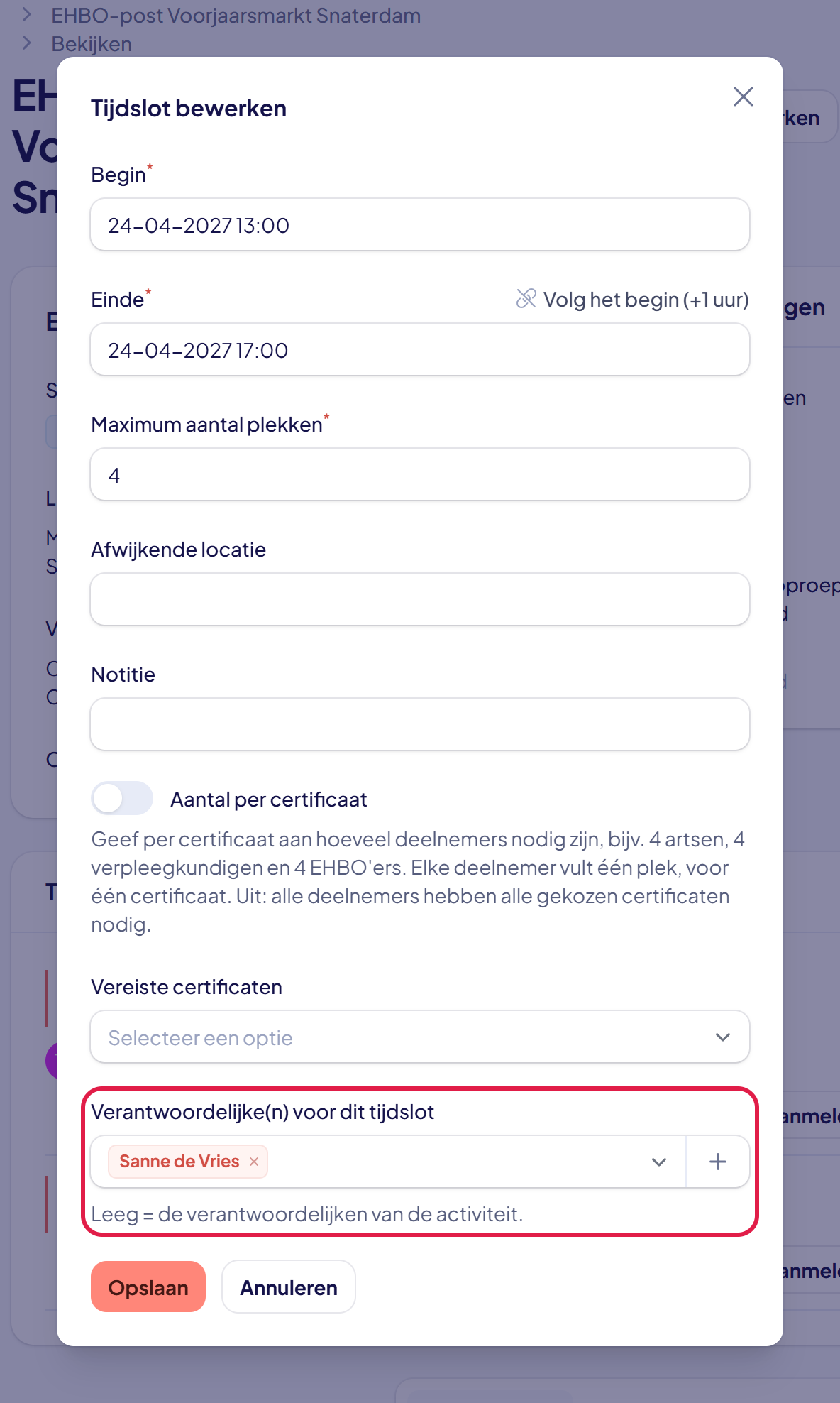 Het venster Tijdslot bewerken met onderaan het veld Verantwoordelijke(n) voor dit tijdslot gemarkeerd