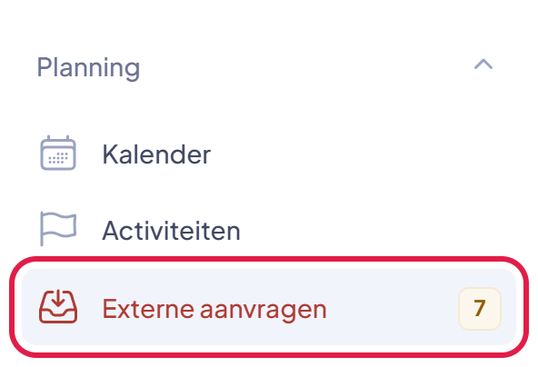 Het menu van EHBO Software met onder Planning het onderdeel Externe aanvragen gemarkeerd