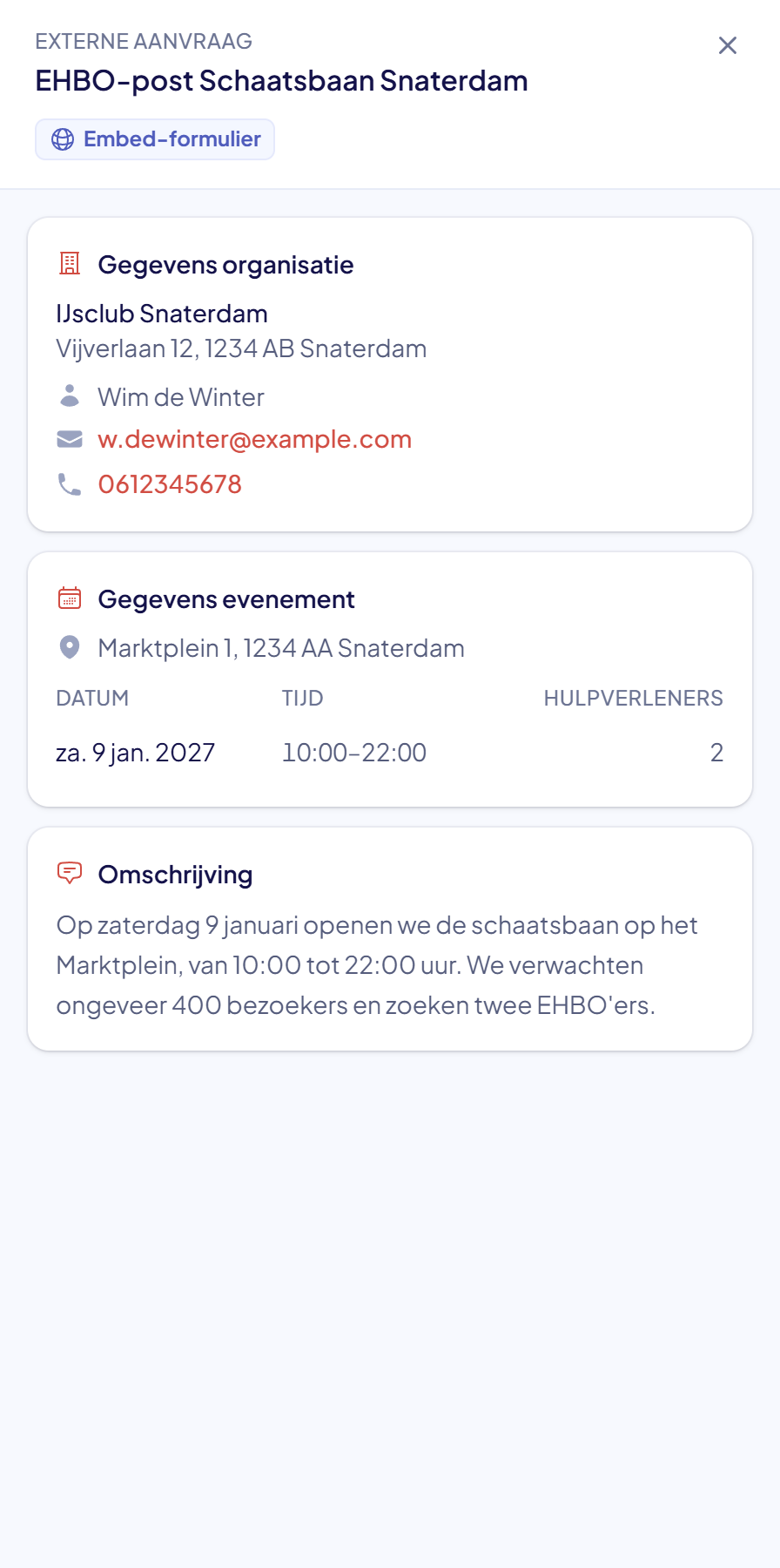 Het paneel Externe aanvraag met de gegevens van de organisatie, de gegevens van het evenement en de omschrijving