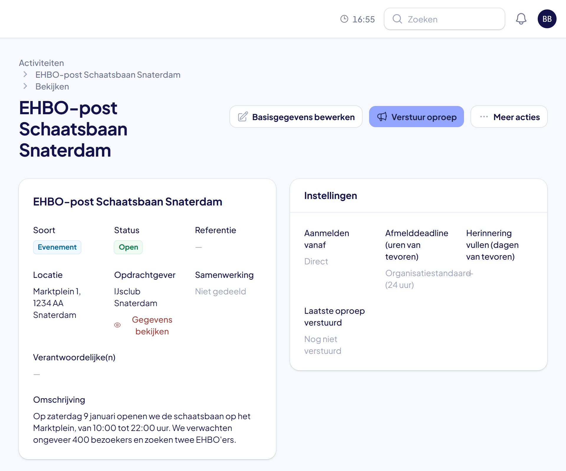 De pagina van de nieuwe activiteit met de meldingen Aangemaakt en Aanvraag omgezet naar activiteit en de aanvrager als opdrachtgever
