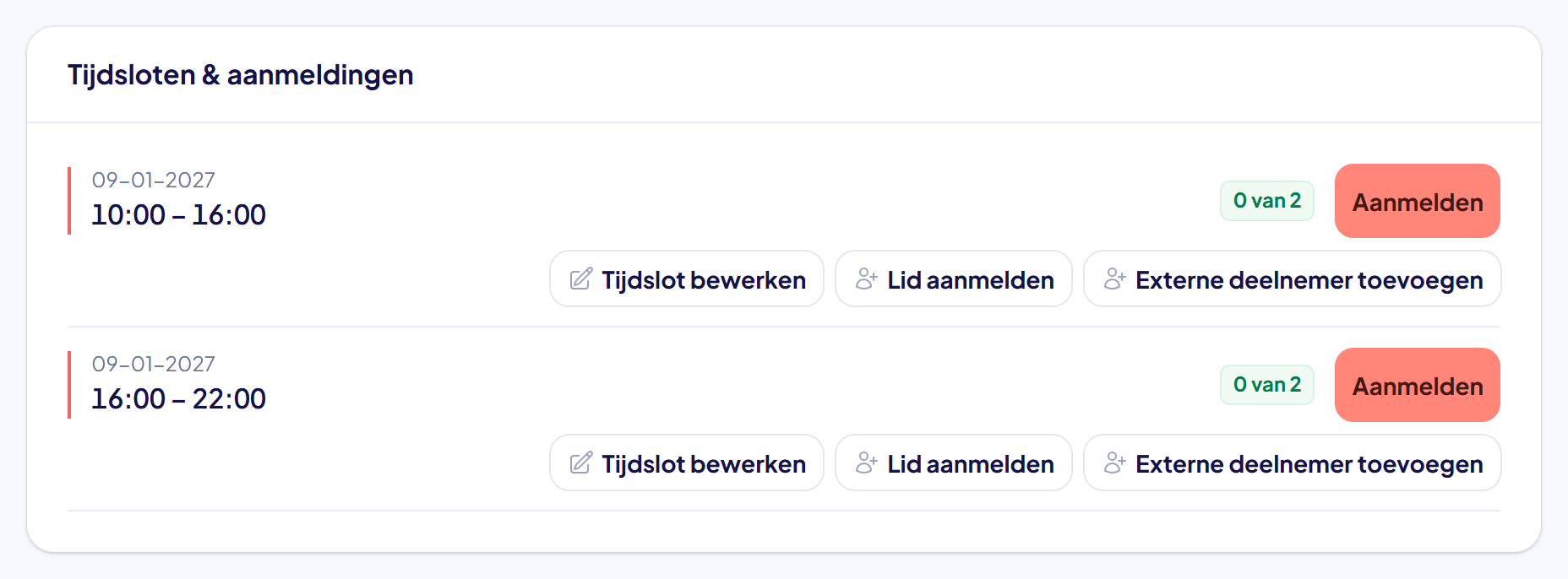 Het blok Tijdsloten en aanmeldingen met twee tijdsloten op 9 januari: van 10:00 tot 16:00 en van 16:00 tot 22:00, elk 0 van 2
