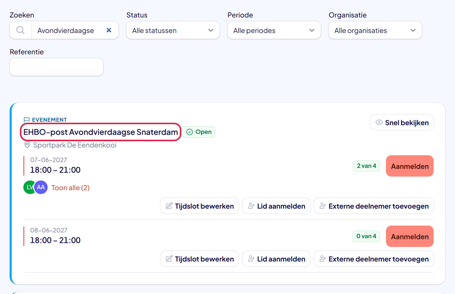 De pagina Activiteiten met een zoekwoord ingevuld en de naam van de gevonden activiteit gemarkeerd