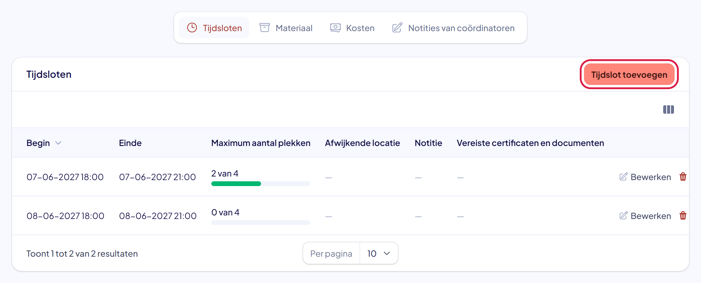 Het tabblad Tijdsloten met de tabel met tijdsloten en de knop Tijdslot toevoegen gemarkeerd
