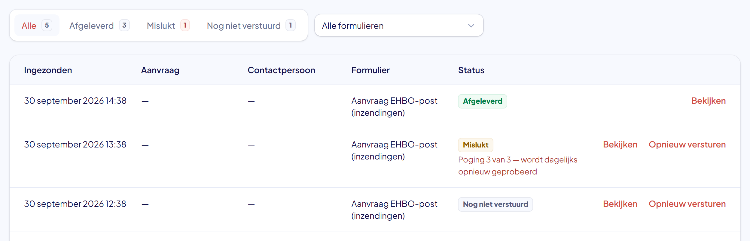 De filters Alle, Afgeleverd, Mislukt en Nog niet verstuurd boven de lijst met inzendingen