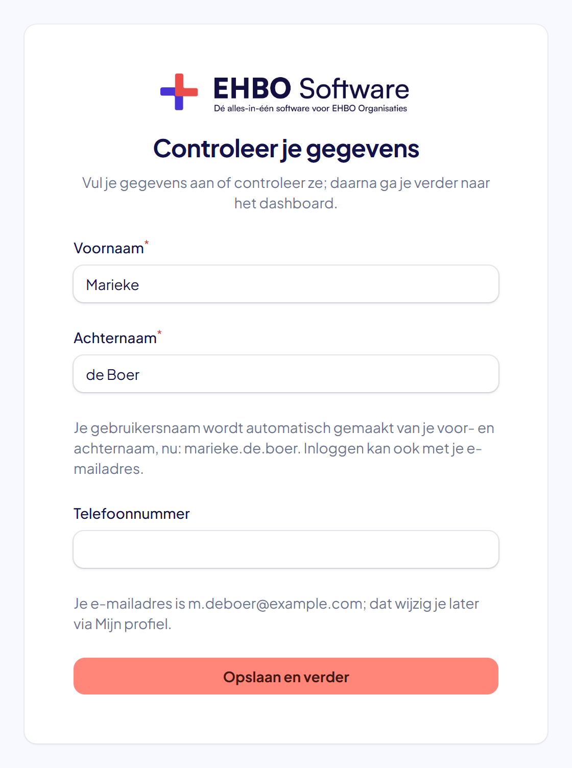 Het scherm Controleer je gegevens met voornaam, achternaam, gebruikersnaam en telefoonnummer
