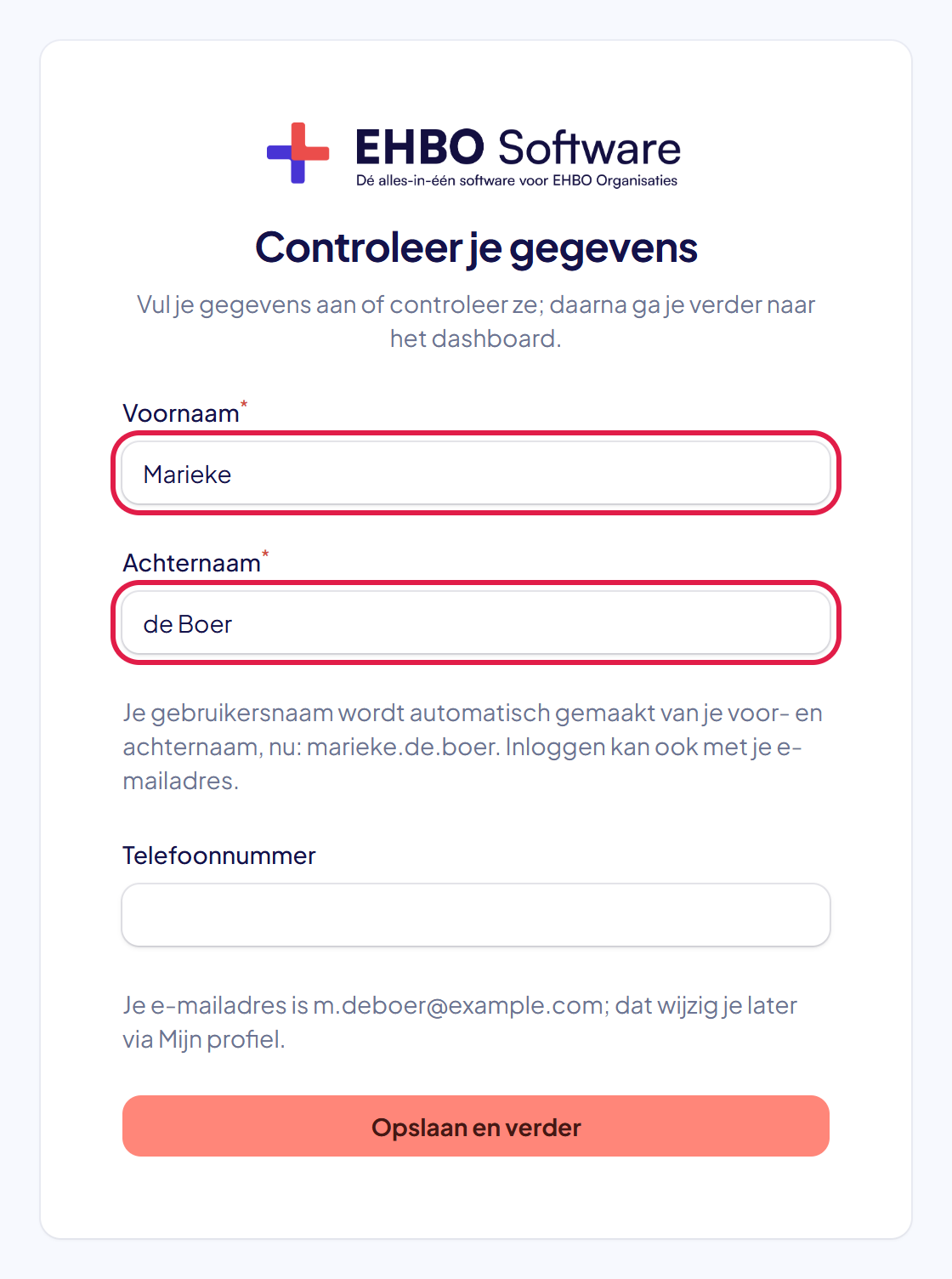 Het scherm Controleer je gegevens met de vakken Voornaam en Achternaam gemarkeerd