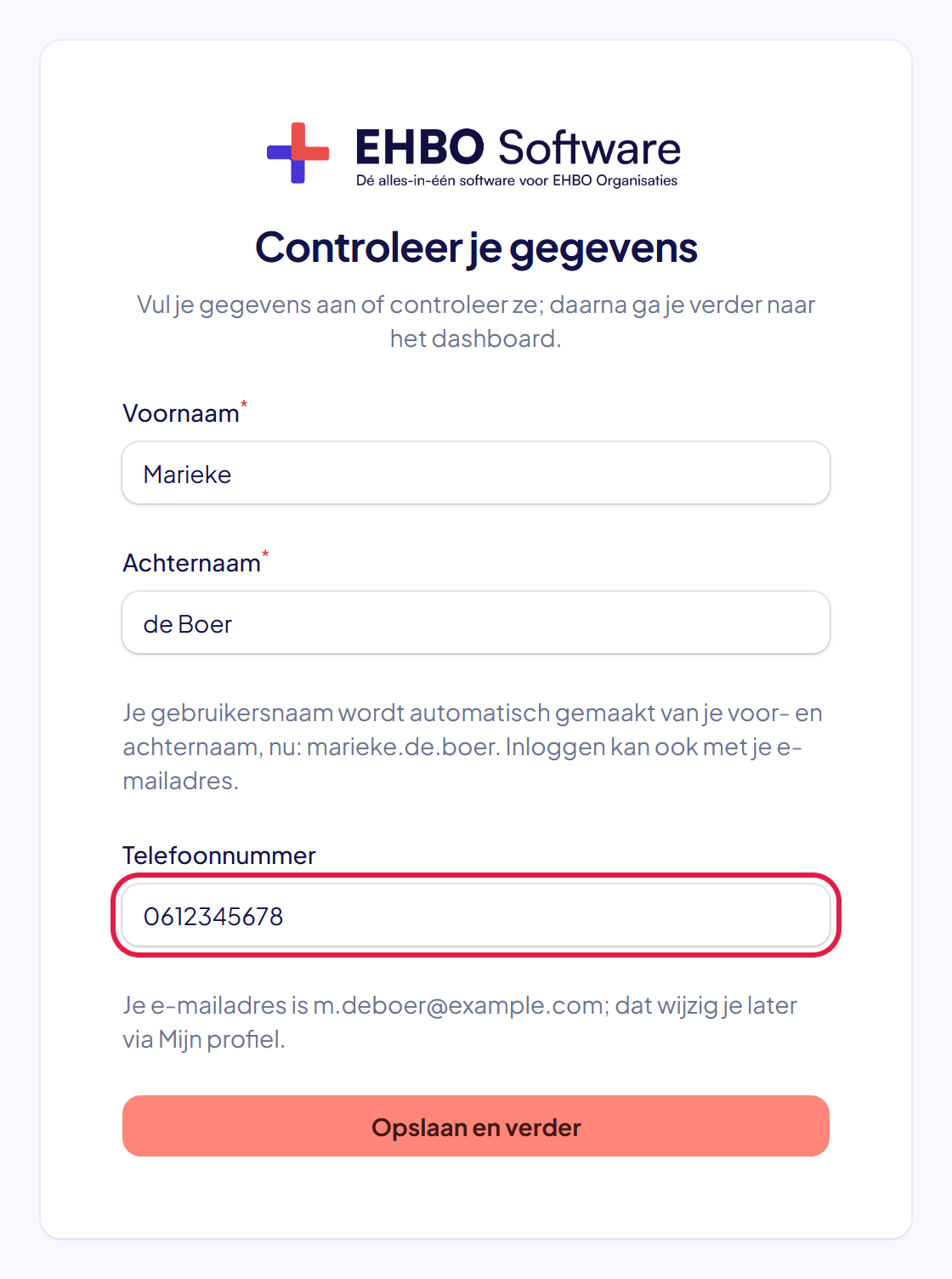 Het scherm Controleer je gegevens met de vakken Gebruikersnaam en Telefoonnummer gemarkeerd
