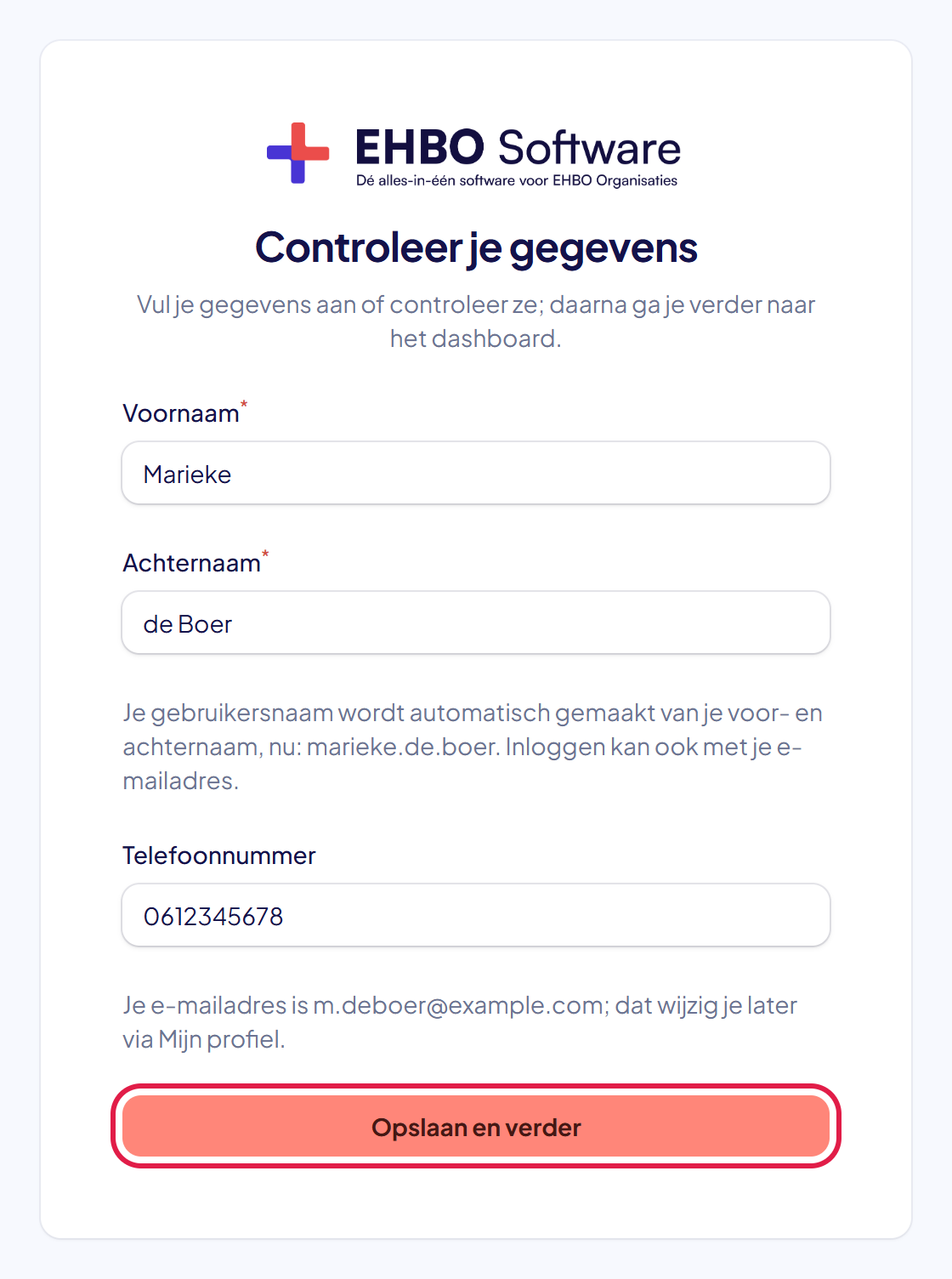 Het scherm Controleer je gegevens met de knop Opslaan en verder gemarkeerd