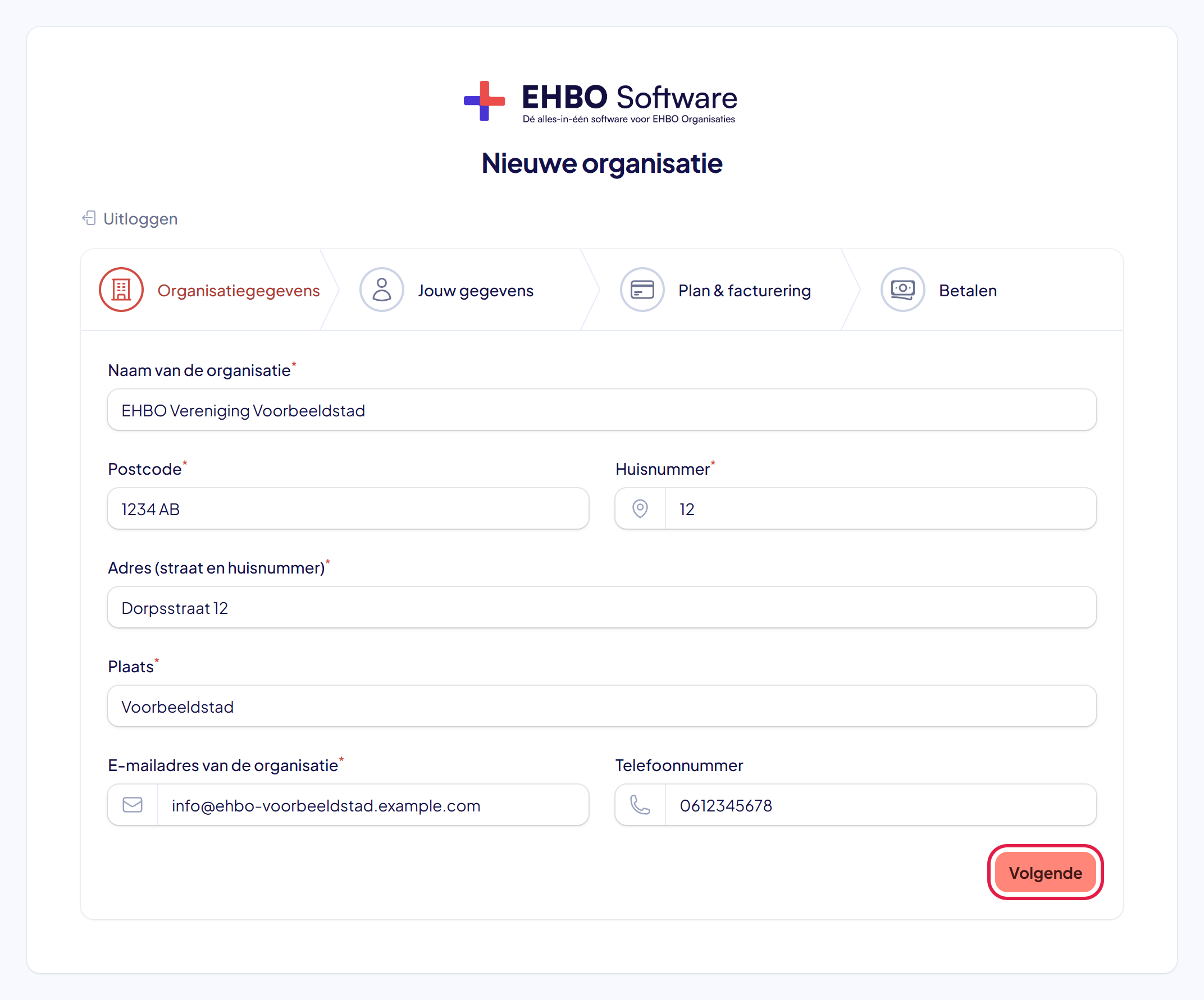 Het scherm Nieuwe organisatie, stap Organisatiegegevens, ingevuld, met de knop Volgende gemarkeerd