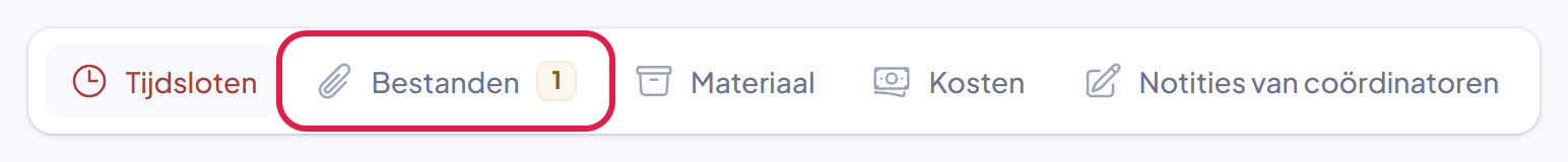 De tabbladen van een activiteit, met Bestanden omkaderd