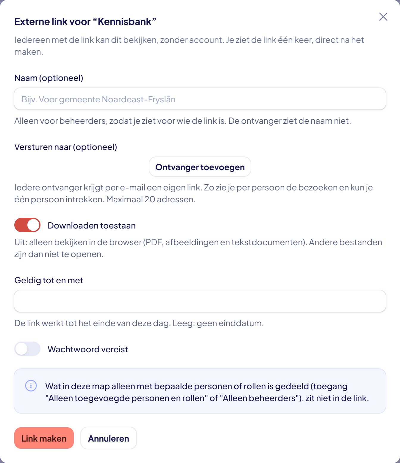 Het venster voor een externe link met naam, einddatum en downloaden