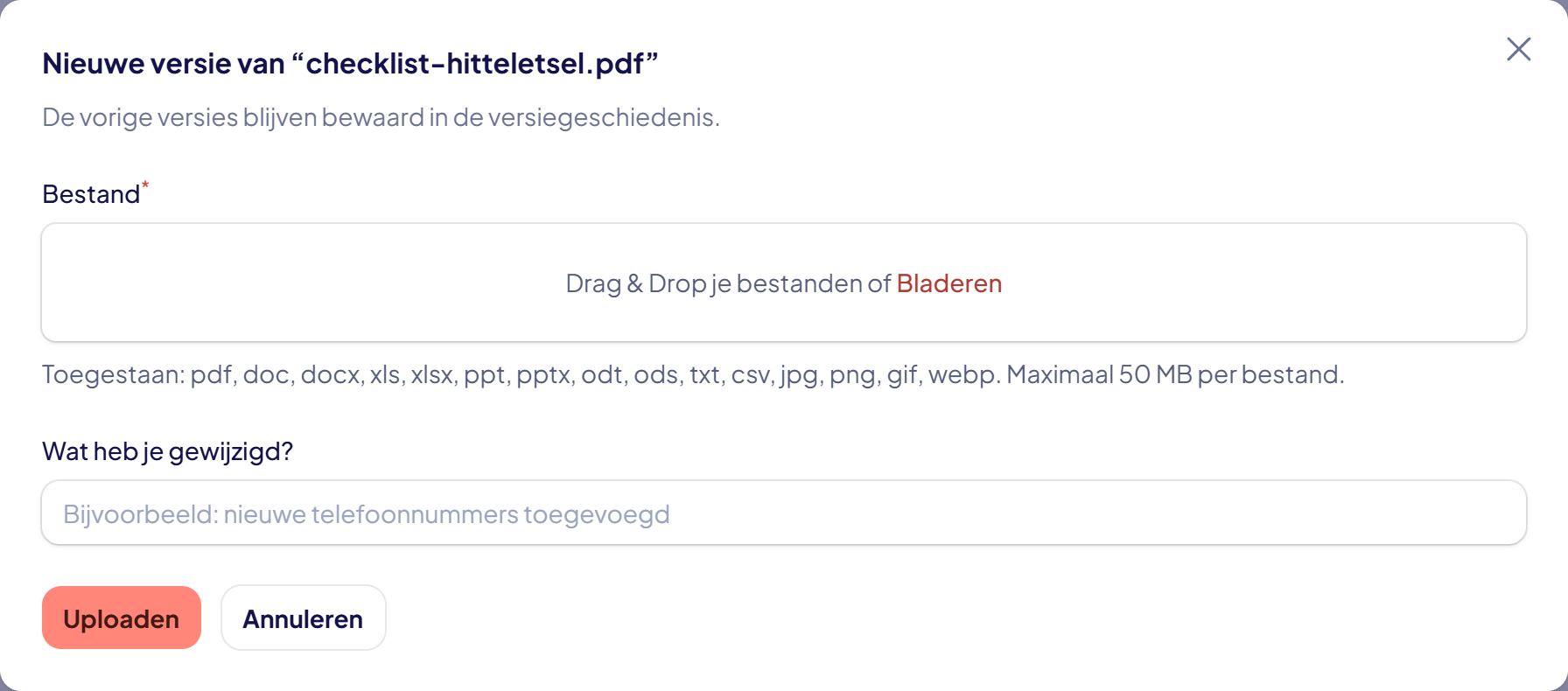 Het venster voor een nieuwe versie met het veld Wat heb je gewijzigd?