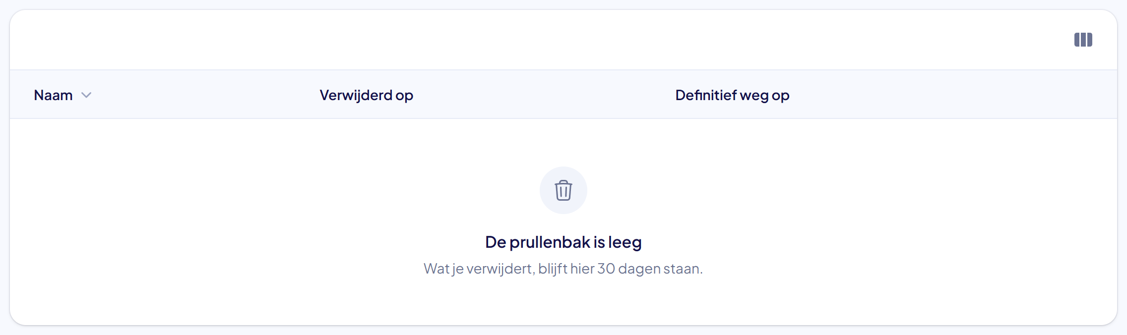 De prullenbak met de knop om hem te legen, omkaderd