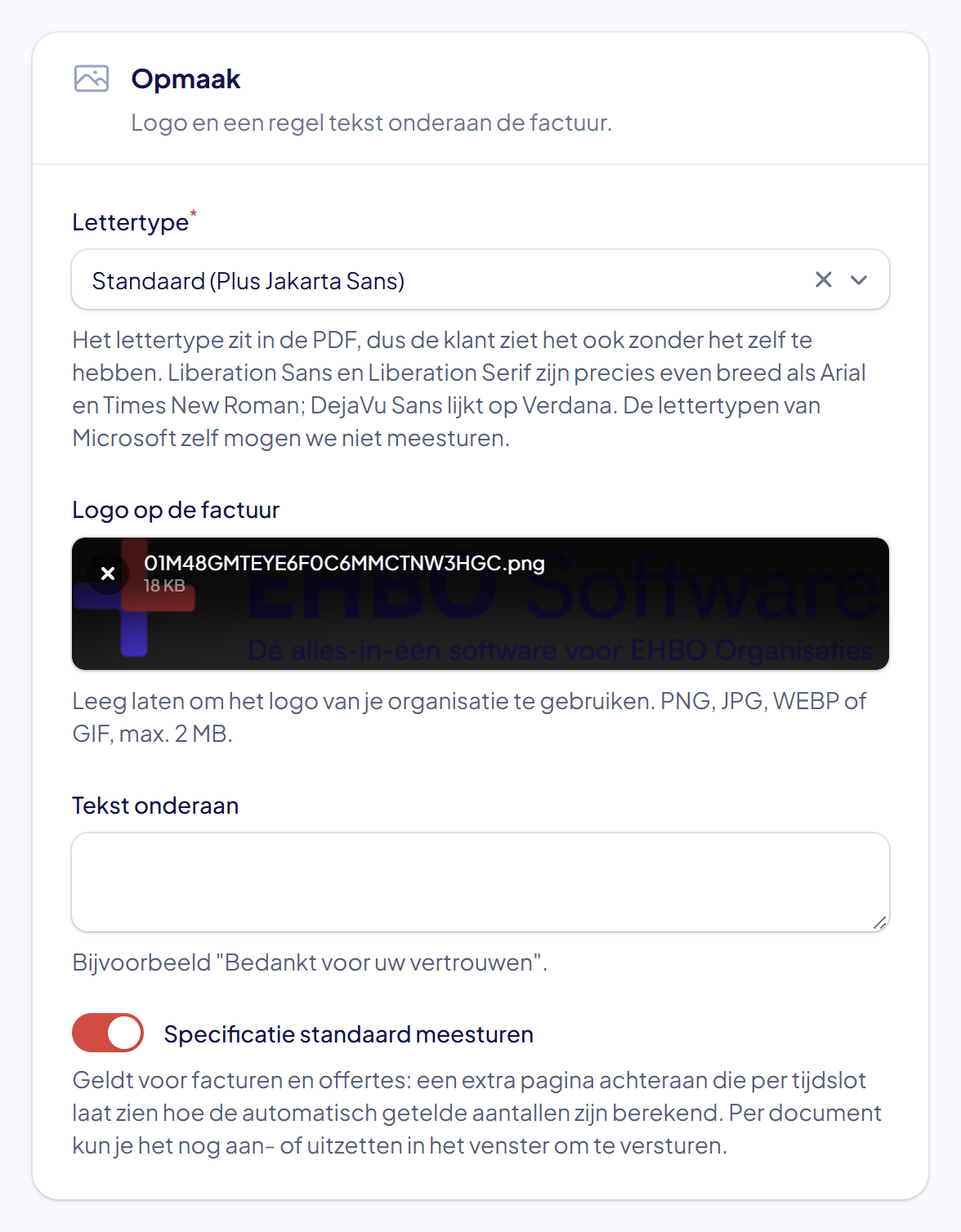 De instelling Specificatie standaard meesturen in het blok Opmaak