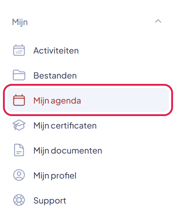 Het menu Mijn met het onderdeel Mijn agenda gemarkeerd