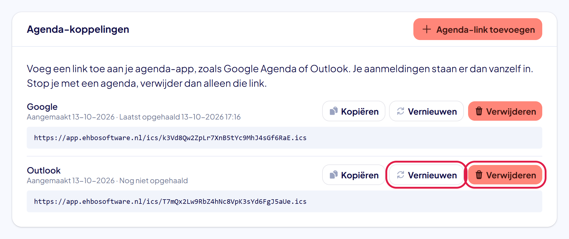 Het blok Agenda-koppelingen met bij de link Outlook de knoppen Vernieuwen en Verwijderen gemarkeerd