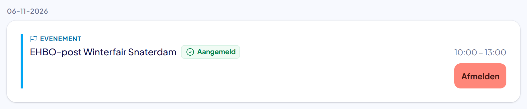 Een komende dienst in Mijn agenda met de datum, de titel, de tijd en de knop Afmelden