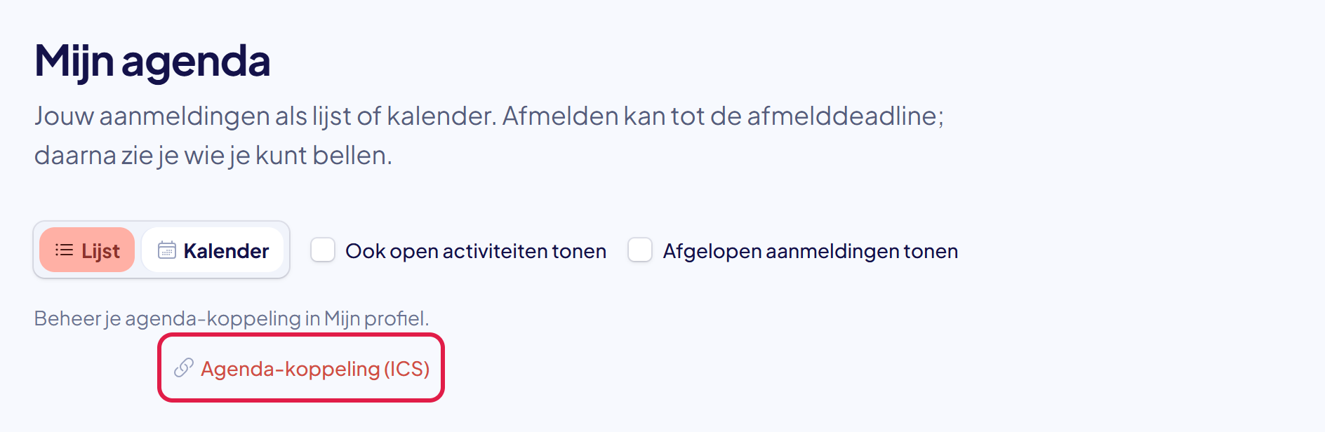 De pagina Mijn agenda met rechtsboven de link Agenda-koppeling (ICS) gemarkeerd