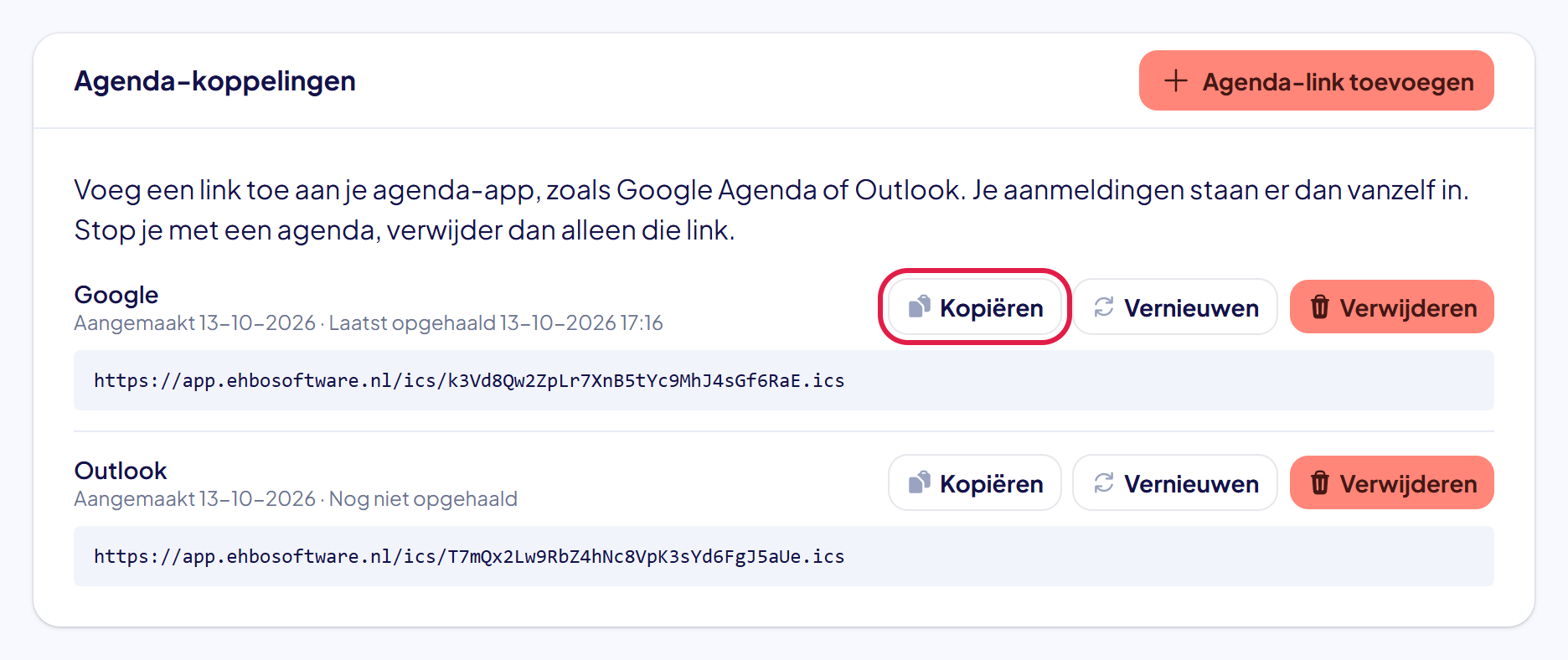 Het blok Agenda-koppelingen met twee links, Google en Outlook, en bij Google de knop Kopiëren gemarkeerd