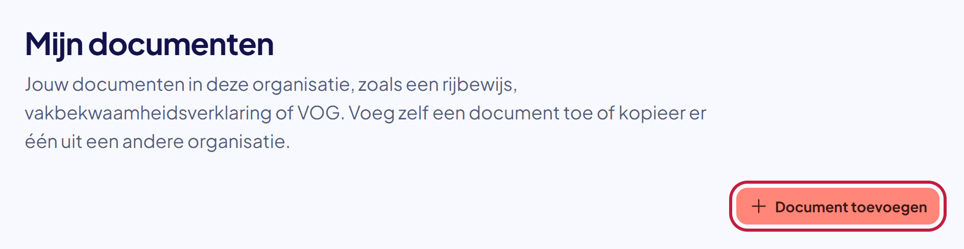 De pagina Mijn documenten met de knop Document toevoegen gemarkeerd