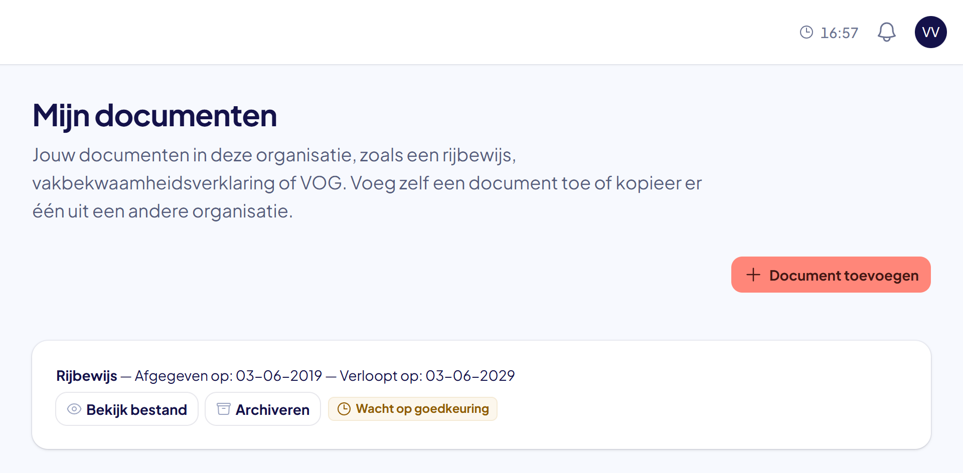 De pagina Mijn documenten met de melding Document ingediend en het rijbewijs met het label Wacht op goedkeuring