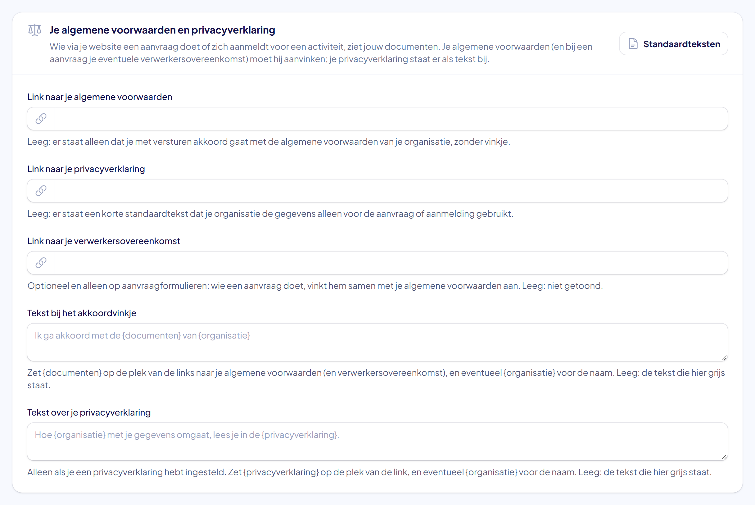 De sectie Je algemene voorwaarden en privacyverklaring met de drie linkvelden en de twee tekstvelden, nog leeg