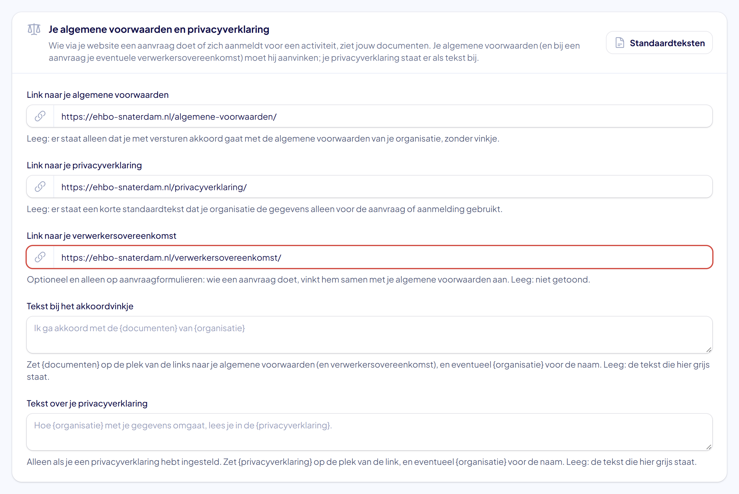 De drie velden met een ingevulde link per document
