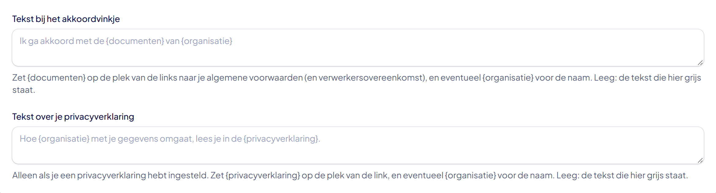 De velden Tekst bij het akkoordvinkje en Tekst over je privacyverklaring, met de uitleg over de tags eronder
