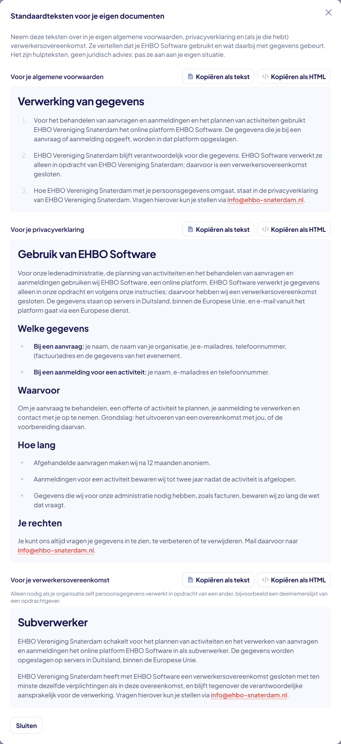 Het venster Standaardteksten voor je eigen documenten met de drie teksten en de knoppen Kopiëren