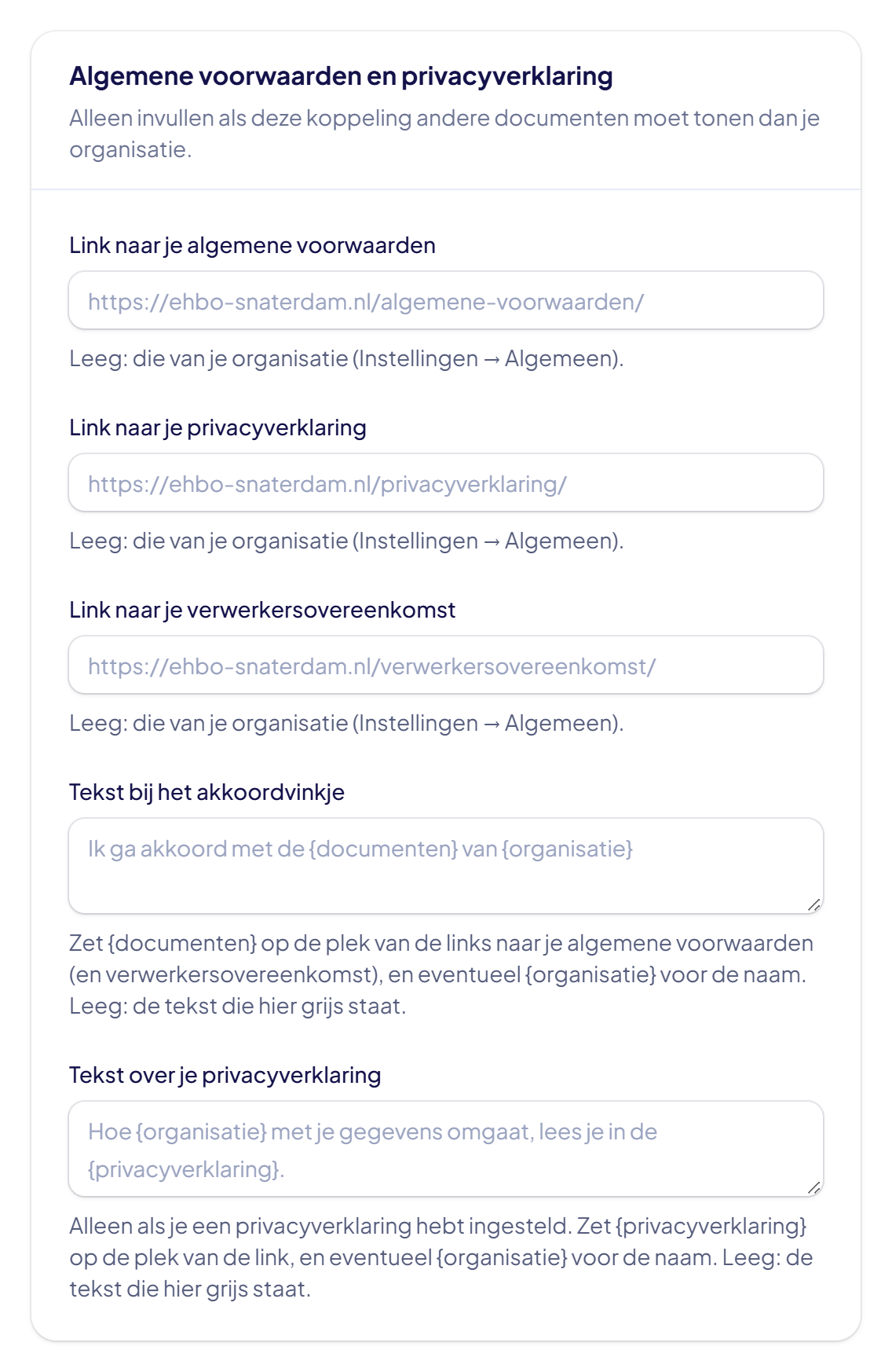 De sectie Algemene voorwaarden en privacyverklaring in het koppelingsvenster, met de link van de organisatie grijs in het lege veld