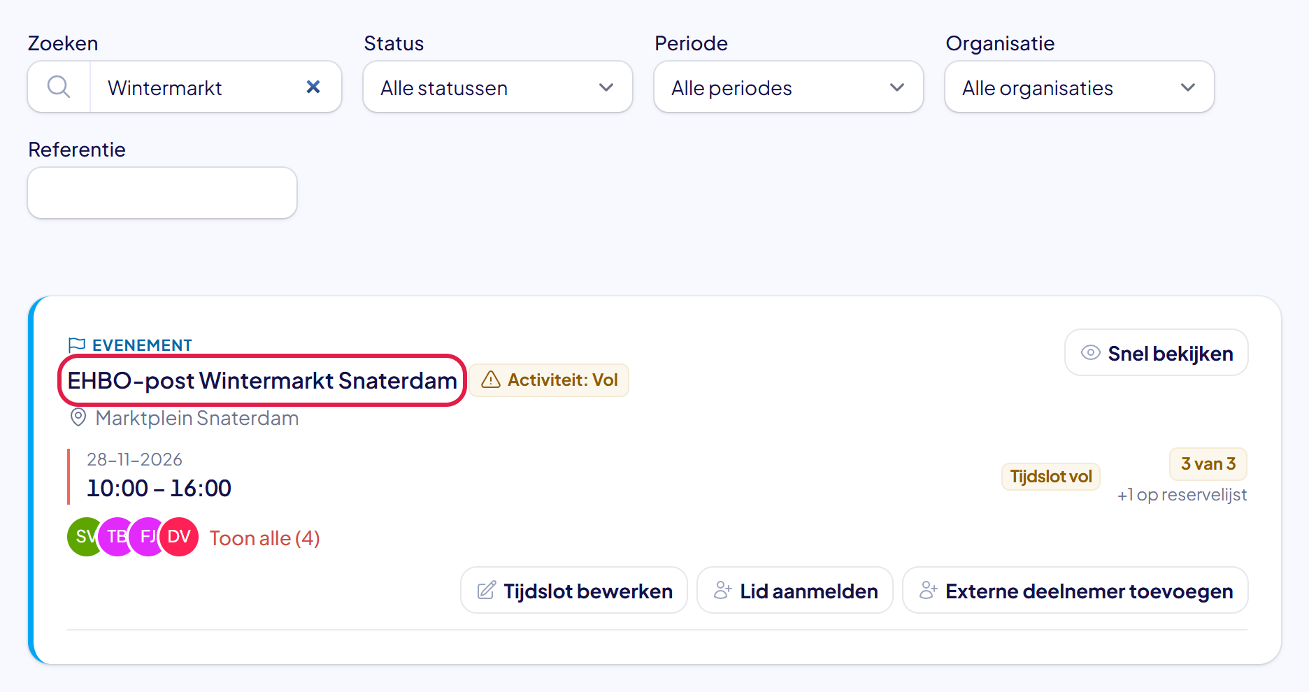 De pagina Activiteiten met een zoekwoord ingevuld en de naam van de gevonden activiteit gemarkeerd