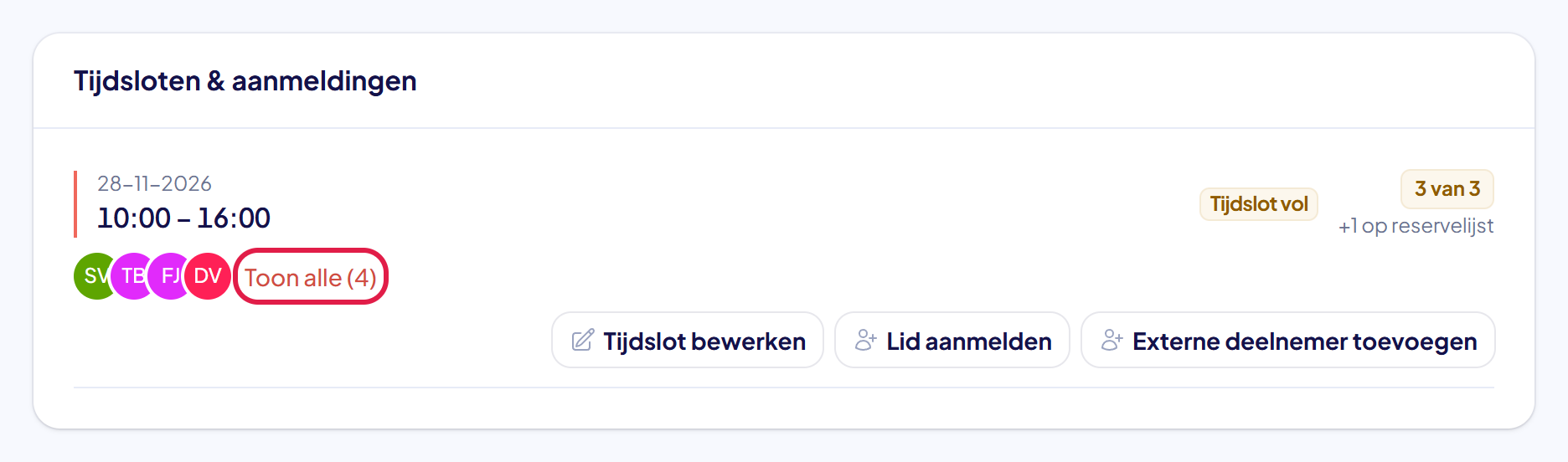 Het blok Tijdsloten en aanmeldingen met onder het tijdslot de link Toon alle gemarkeerd