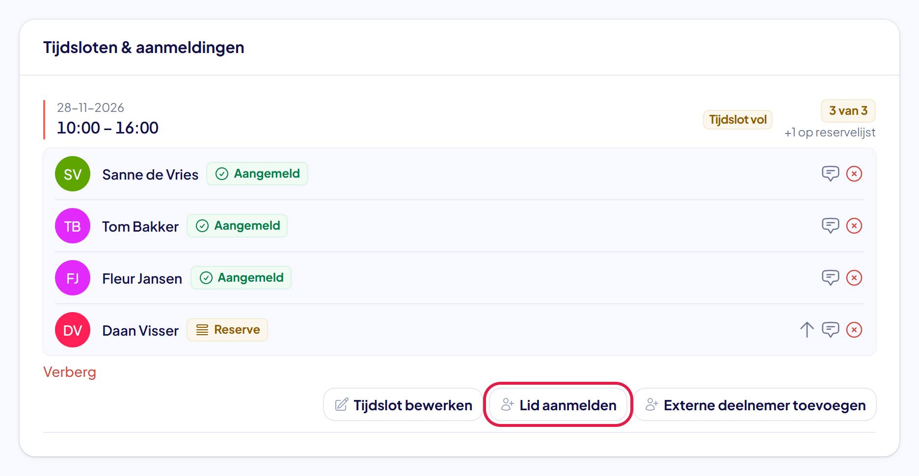 De lijst met drie aangemelde leden en één reserve, met de knop Lid aanmelden gemarkeerd
