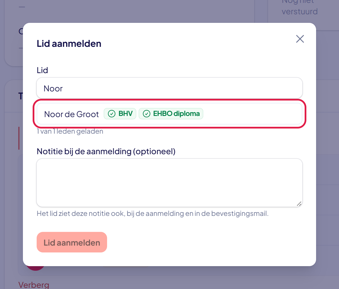 Het venster Lid aanmelden met een naam in het zoekveld en het gevonden lid gemarkeerd