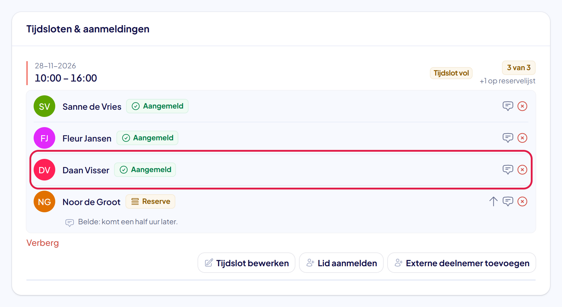 De lijst met aanmeldingen waarin de eerste reserve nu de status Aangemeld heeft
