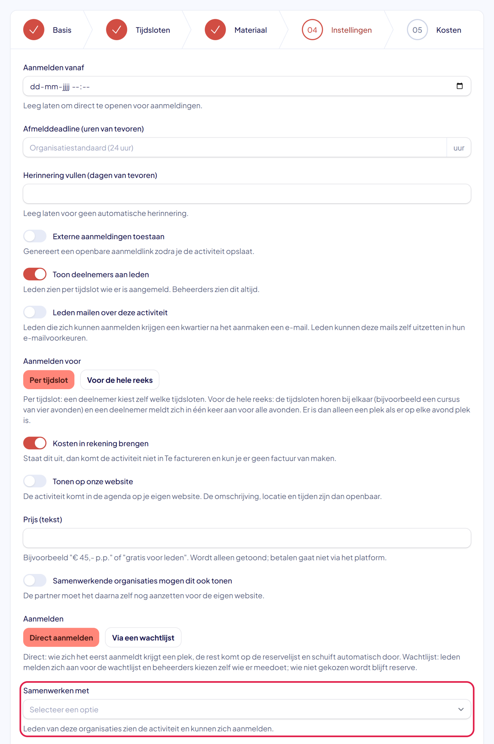 Het scherm Instellingen van een nieuwe activiteit met onderaan het veld Samenwerken met gemarkeerd