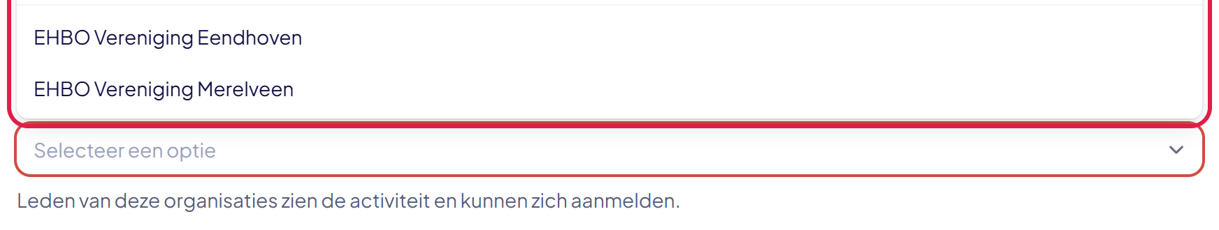 Het uitgeklapte lijstje onder Samenwerken met, met de partnerorganisatie erin