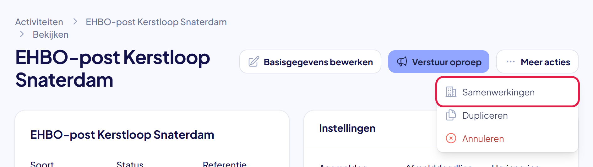Het uitgeklapte menu Meer acties met de keuze Samenwerkingen gemarkeerd