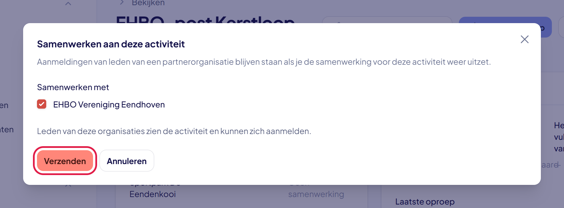 Het venster Samenwerken aan deze activiteit met een partnerorganisatie aangevinkt en de knop Verzenden gemarkeerd