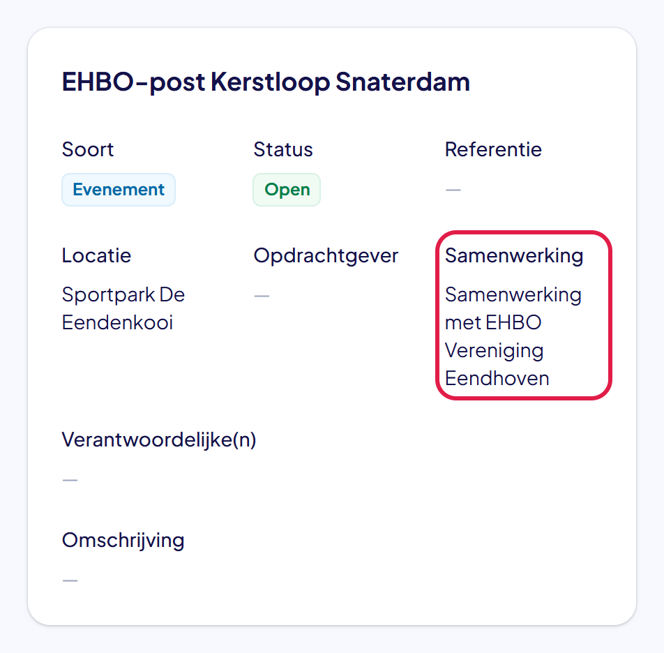 De gegevens van de activiteit met bij Samenwerking de partnerorganisatie gemarkeerd
