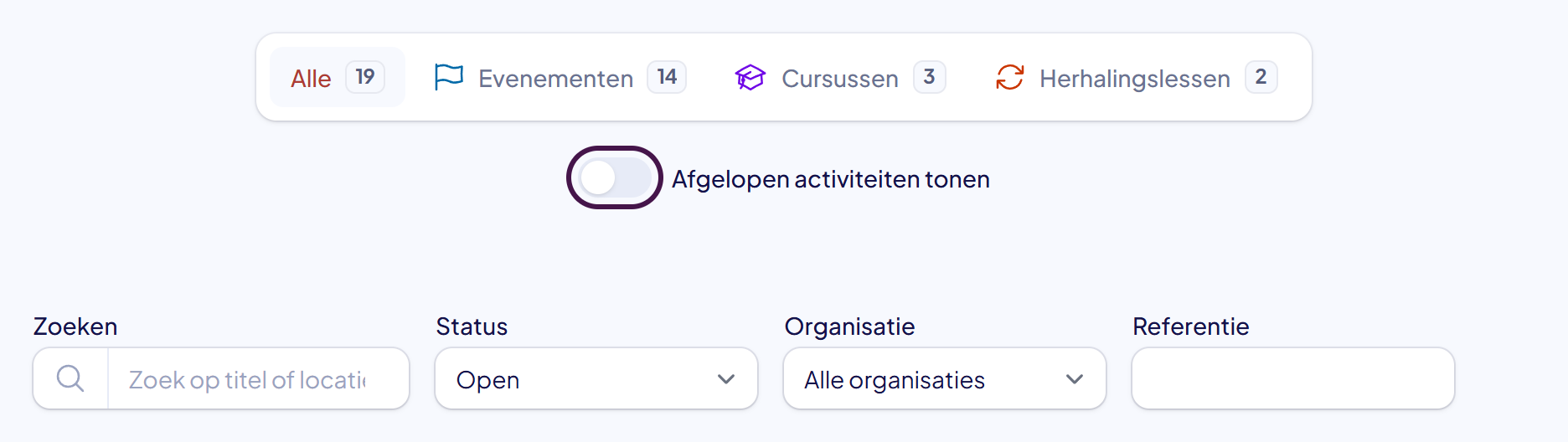 De tabbladen met de schakelaar Afgelopen activiteiten tonen gemarkeerd en daaronder de filterbalk met bij Status de keuze Open