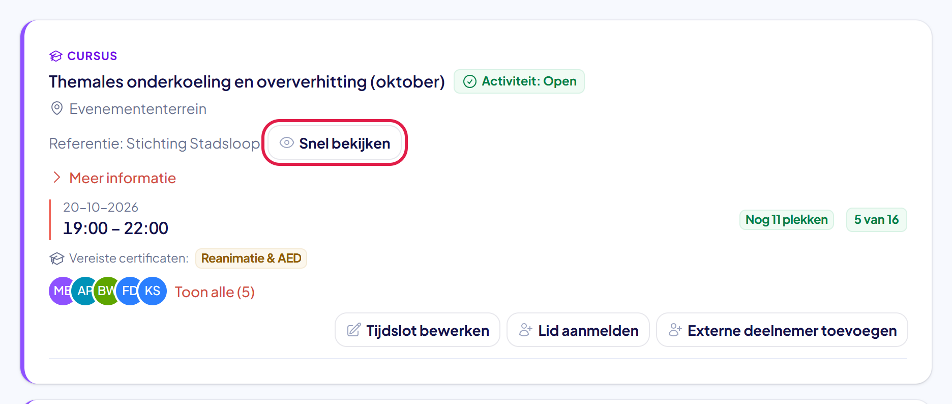 Een activiteitenkaart met rechtsboven de knop Snel bekijken gemarkeerd