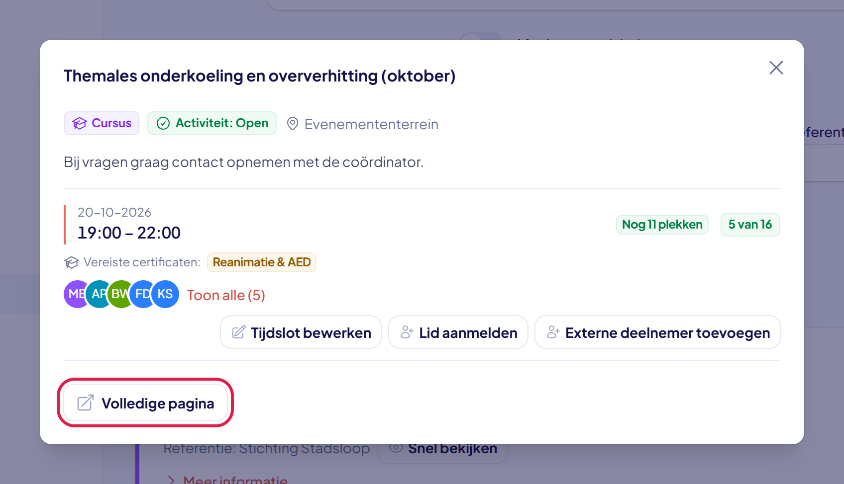 Het venster Snel bekijken van een activiteit met onderaan de knop Volledige pagina gemarkeerd
